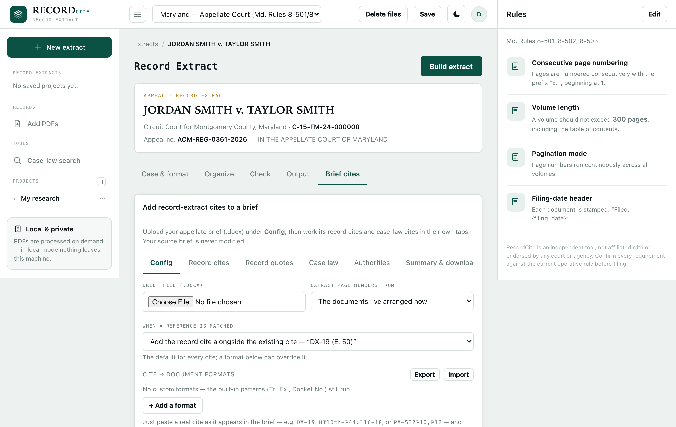 The Brief cites tab — upload a .docx, choose replace-or-alongside, and configure house cite formats.