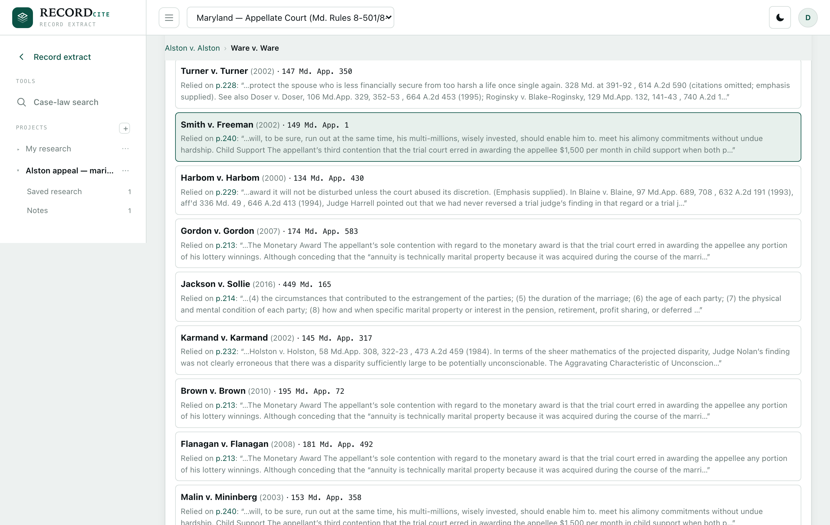 The citator — a list of later opinions citing the current case, each showing the exact pincited passage relied on.