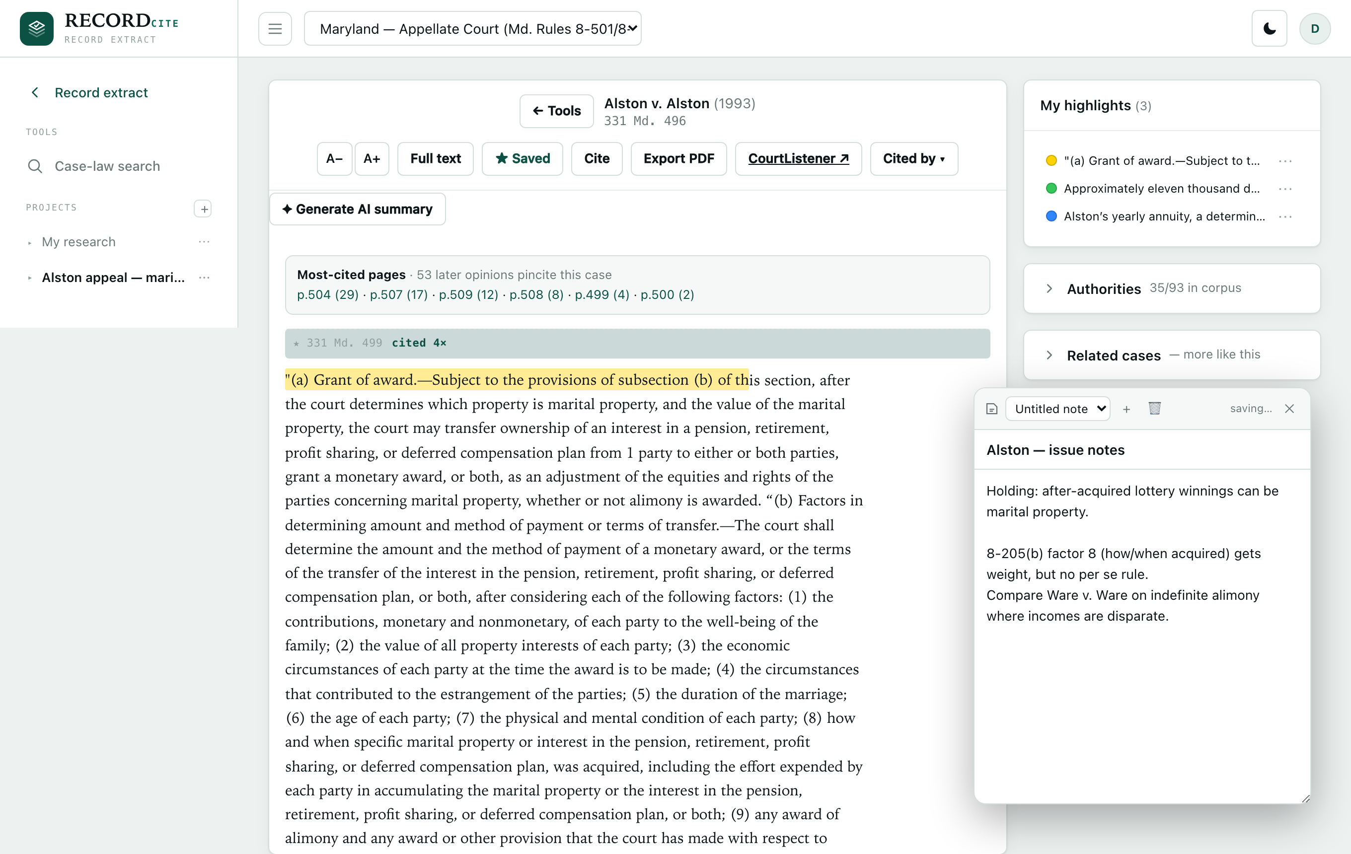 A floating, movable research notes window open over an opinion, with a titled note and autosave.