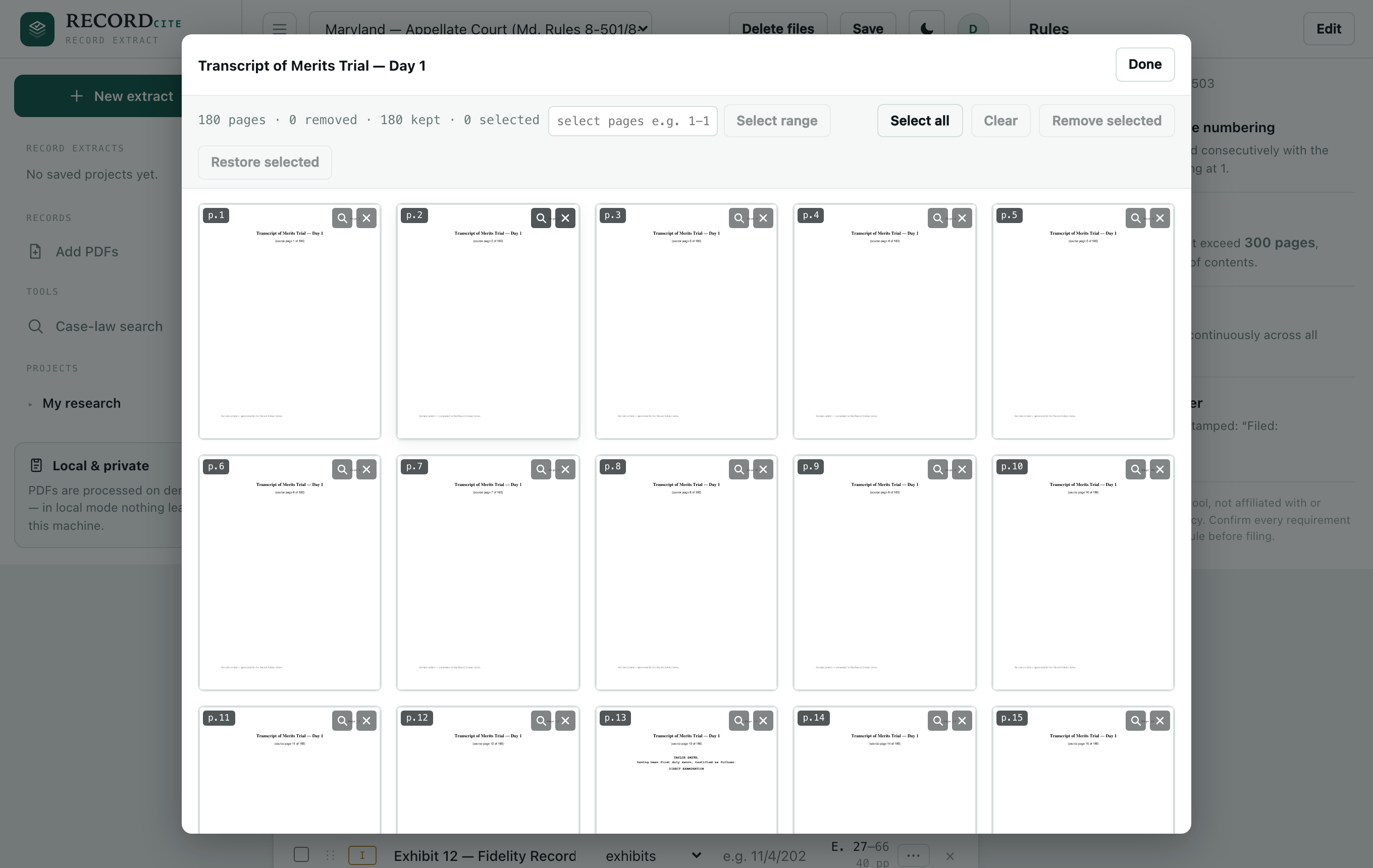 Page manager — a thumbnail grid of a 180-page transcript with remove and range controls.